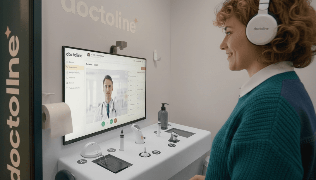 Patiente utilisant une cabine médicale connectée Doctoline