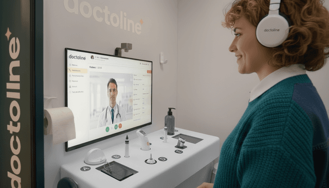 Patiente en téléconsultation dans une cabine Doctoline en pharmacie